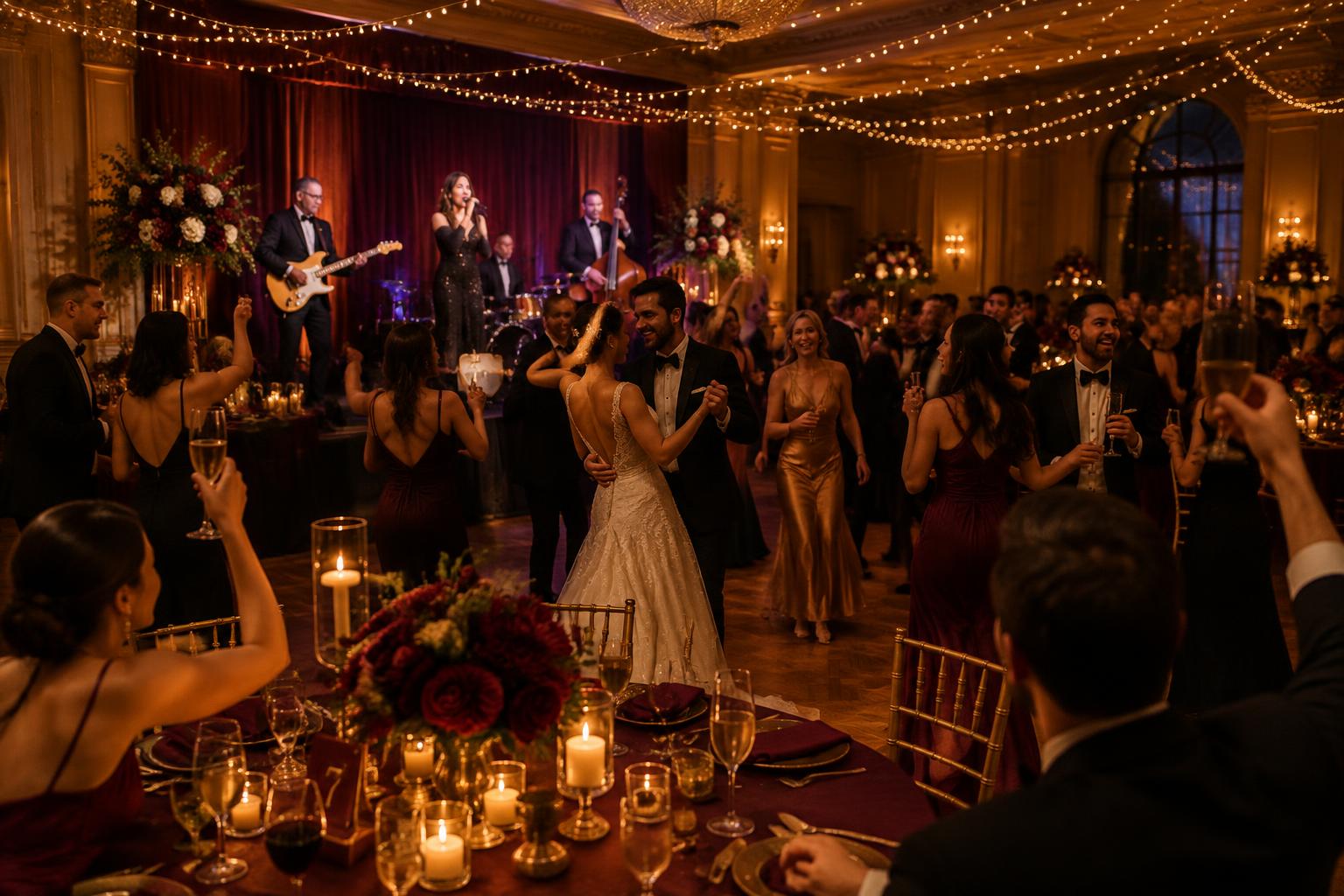 Guests dancing at an elegant ballroom reception with a live band on stage