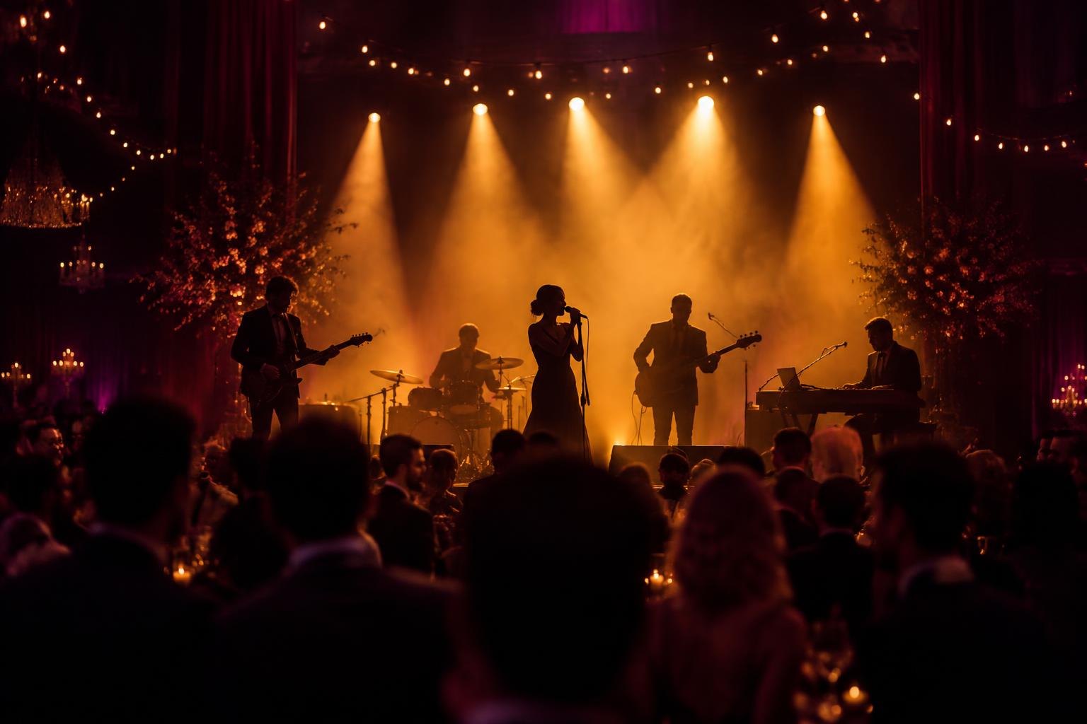 A live band performing on a warmly lit stage at an elegant event